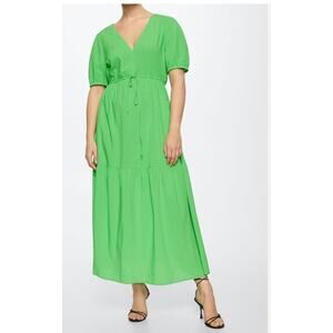 Mango MNG Bright Green V Neck Short Sleeve Maxi Tiered Dress Size 10